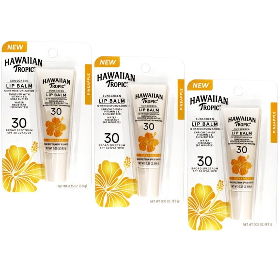 3 Pack - Hawaiian Tropic Sunscreen Lip balm SPF 30, Pineapple, 12Hr Moisturization with Vitamin E & Shea Butter, Water Resistant (80 minutes), 0.35 OZ