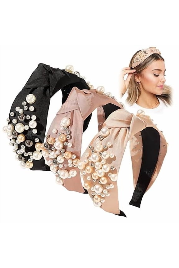 3 Pack Headbands - Knotted Pearl Accessories Hairbands for Girls No Slip Fashion Cute Top Knot Headband Gift for Women Black Pink Gold