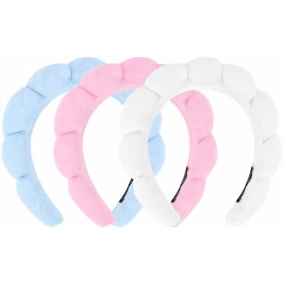 3 Pack Headbands - Terry Cloth Puffy Hair Bands for Skincare, Makeup Removal, and Washing