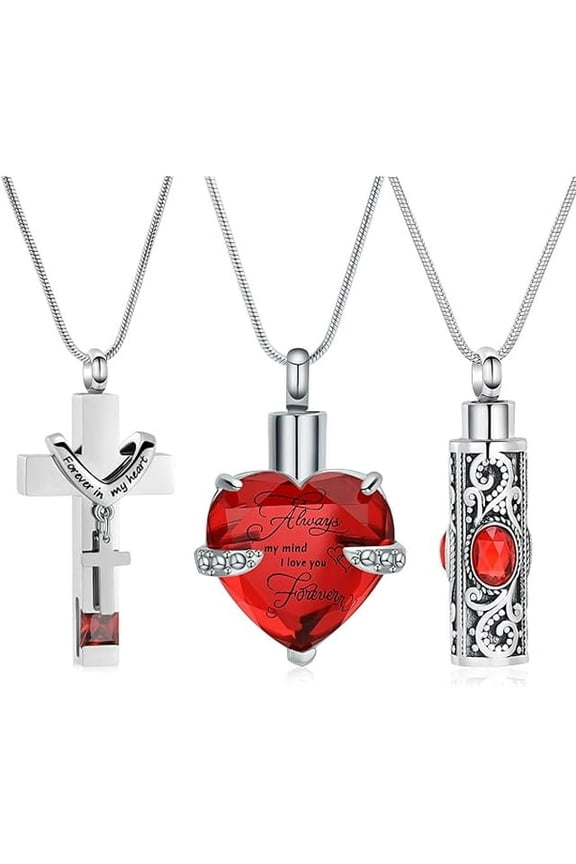 3 Pack Heart / Cross / Cylinder Urn Necklace for Ashes With Birthstone Cremation Jewelry for Women Men Keepsake Urn Memorial Necklace Ash Pendant