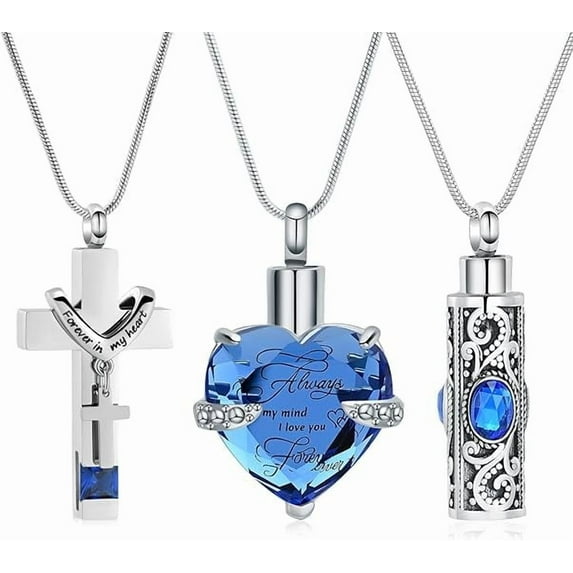 3 Pack Heart / Cross / Cylinder Urn Necklace for Ashes With Birthstone Cremation Jewelry for Women Men Keepsake Urn Memorial Necklace Ash Pendant