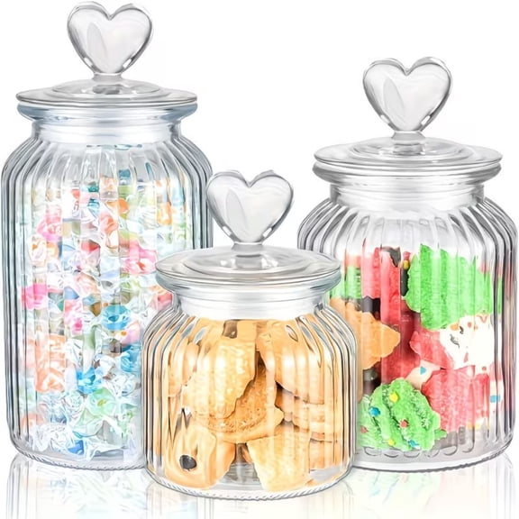 3 Pack Heart Lid Ribbed Glass Storage Jars, 22oz 30oz 45oz Airtight Clear Canister Set for Pantry Candy Cookies Coffee