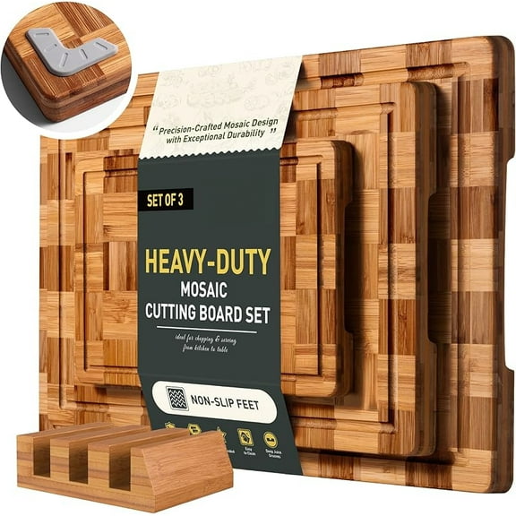 3 Pack Heavy Duty Bamboo Cutting Board Set Non Toxic Wooden Cutting Board for Kitchen Non Slip Solid End Grain Thick Wood Juice Groove Chopping Board Extra Large Big Small Best House Warming Gift