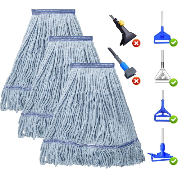 3 Pack Heavy Duty Commercial Mop Head Replacement,Looped End String Cotton Mop Heads,Industrial Wet Mops Refill for Floor Cleaning(Blue)
