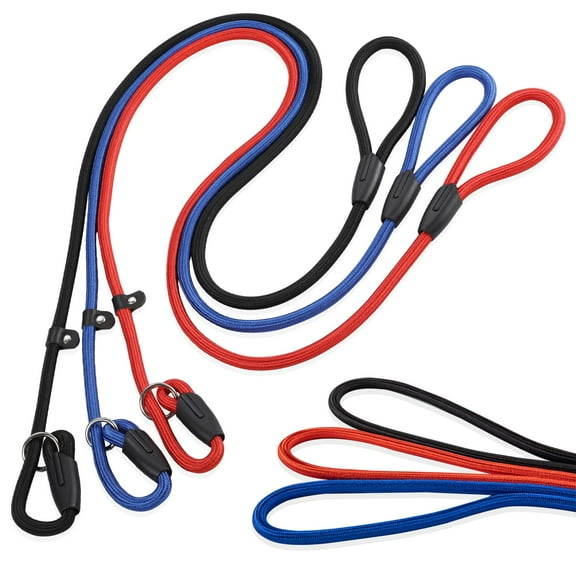 3-Pack Heavy-Duty Nylon Adjustable Slip Leads for Dogs - Red, Black, Blue - Adjustable, Durable & Night-Safe
