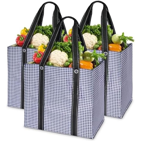 3 Pack Heavy Duty Reusable Grocery Bags with Hard Bottom & Strong Handles – Foldable, Durable, Easy to clean, Water-Resistant & Multi-Purpose (Blue Checkered)