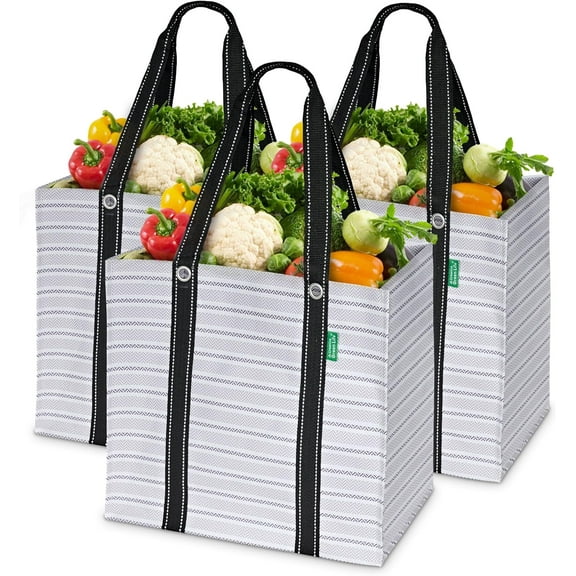 3 Pack Heavy Duty Reusable Grocery Bags with Hard Bottom & Strong Handles  Foldable, Durable, Easy to clean, Water-Resistant & Multi-Purpose (Gray Stripes)