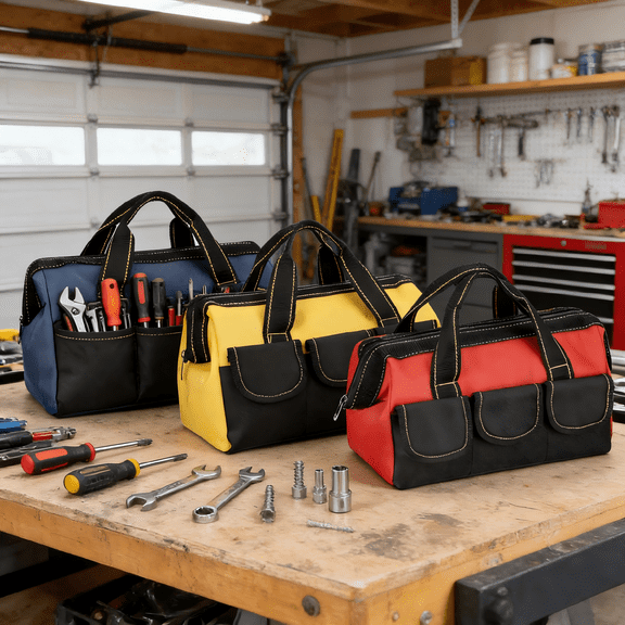 3-Pack Heavy Duty Tool Bag for Men with Waterproof Hard Bottom - Wide Mouth Tote for Electrician, Carpenter, Mechanic & Various Instruments, 13 Inch (Blue, Red, Yellow)