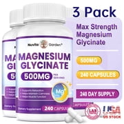 3 Pack High Absorption Magnesium Glycinate 500 mg for Muscle Relaxation and Bone, Heart & Nerve Health   Non-GMO, Gluten-Free, Vegetarian, 240 Capsules