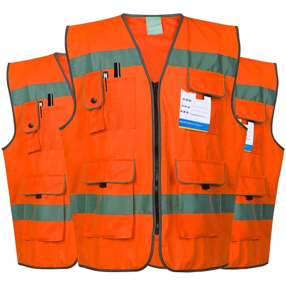 3-Pack High Visibility Reflective Safety Vest, ANSI/ISEA Compliant, Breathable Polyester, Multi Pockets, Adjustable Velcro, for Construction, Traffic, Work & Outdoor Activities