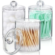3 Pack Holder Dispenser for Cotton Ball, Cotton Swab, Cotton Round Pads, Floss - 10 oz Clear Plastic Apothecary Jar Set for Bathroom Canister Storage Organization, Vanity Makeup Organizer