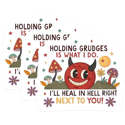 (3 Pack) Holding Grudges Decals - Devilish Humor Stickers - Retro Hell Meme Decals - 3 Inches On Longest Side - Easy Peel & Apply - Made in USA - 3MCS4398