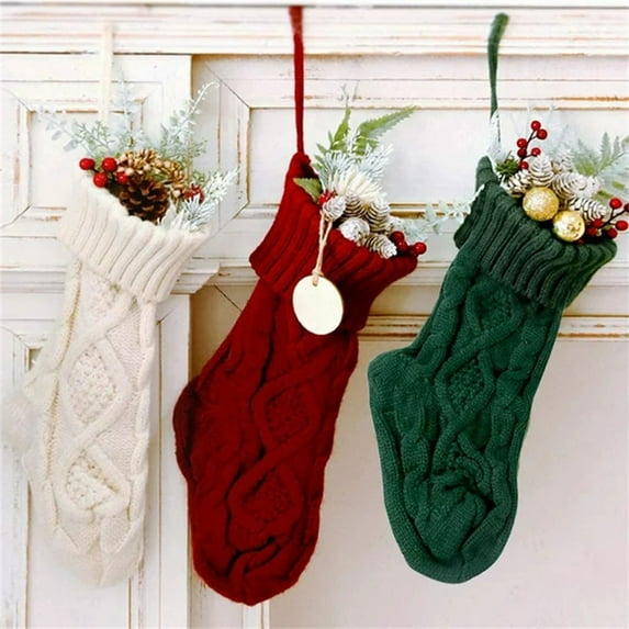 3 Pack Holiday Classic Christmas Knit Stockings Mantel Decoration White Red Green For Gifts 13 In/ 3pcs Christmas stocking candy bags
