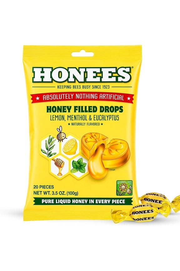 3 Pack Honees Honey Lemon Menthol Cough Drops, 20 Count Bag