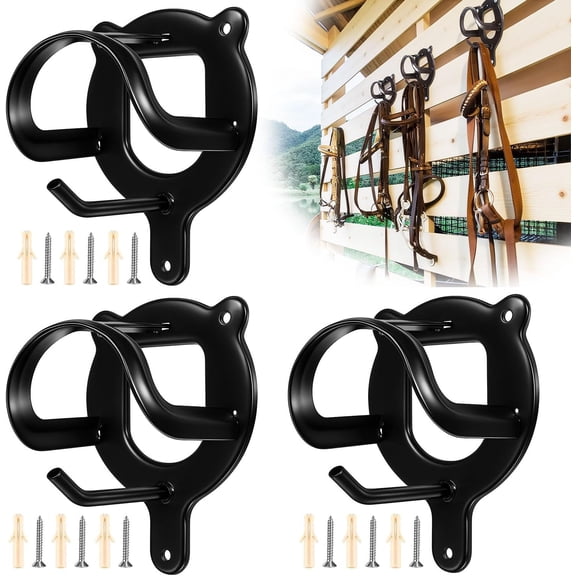 3 Pack Horse Bridle Rack Bridle Hooks Metal Tack Hanger with Tubes & Screws for Horse Barn, Stable, or Garage Storage, Matte Black