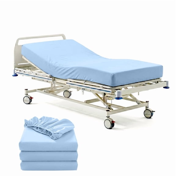 3 Pack Hospital Bed Fitted Sheets 36" x 84" x 12" Deep – 100% Egyptian Cotton 400 Thread Count, Soft Breathable & Durable Patient Sheets with Elastic All Around, Easy-Care Light-Blue Solid