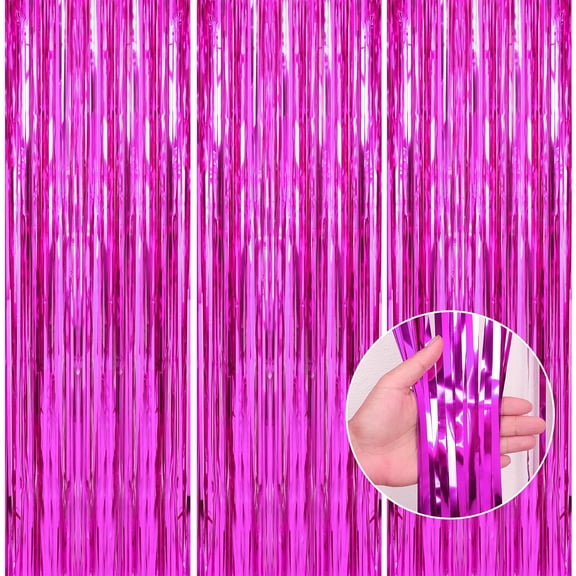 3 Pack Hot Pink Backdrop Tinsel Foil Fringe Curtain Backdrop Streamer for Party Decorations