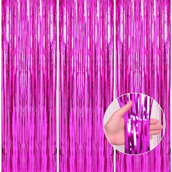 3 Pack Hot Pink Backdrop Party Decorations Tinsel Foil Fringe Curtain Backdrop Streamer Photo Booth for Wonmen Girl Pink Theme Princess Bachelorette Graduation Birthday Party Decorations