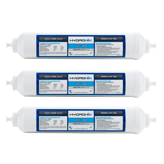 3 Pack - Hydronix ICF-10Q Inline Reverse Osmosis Post, Fridge & Ice Coconut GAC Water Filter 2000 Gal, 1/4" QC Ports