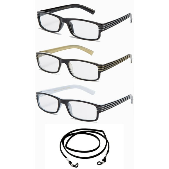 3 Pack IG Stripe Design Light Weight High Fashion Reading Glasses with Lanyard +1.00