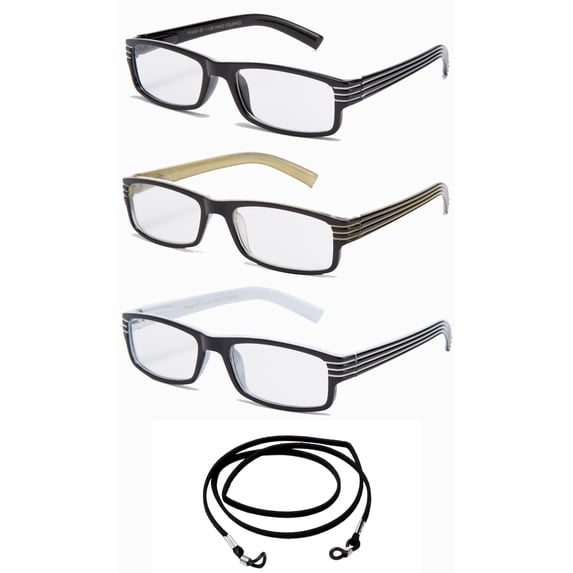 3 Pack IG Stripe Design Light Weight High Fashion Reading Glasses with Lanyard +2.00