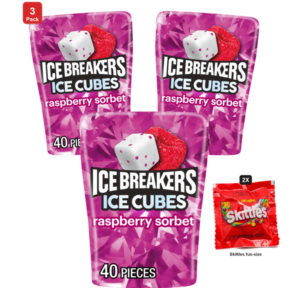 3 Pack | Ice Breakers Ice Cubes Raspberry Sorbet Flavored Sugar-Free Chewing Gum Bottle, 3.24 oz 40 Pieces, with 2 Skittles Fun Size
