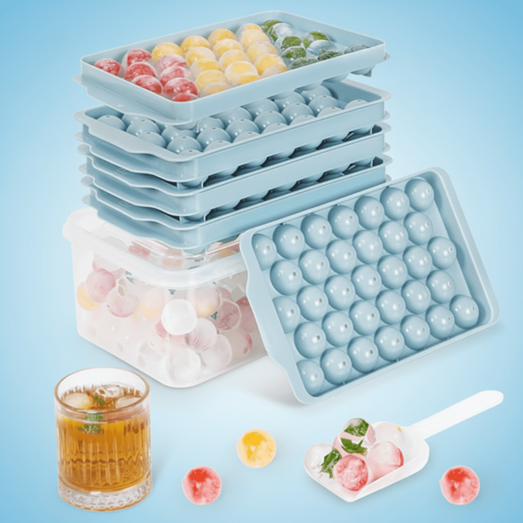 3 Pack Ice Cube Trays with Lid and Bin, 99-Cavity Round Ice Cube Mold for Freezer, Ices Maker Bucket with Scoop for Cocktail, Coffee, RV Accessories, Easy Release, 1 Inch, Blue