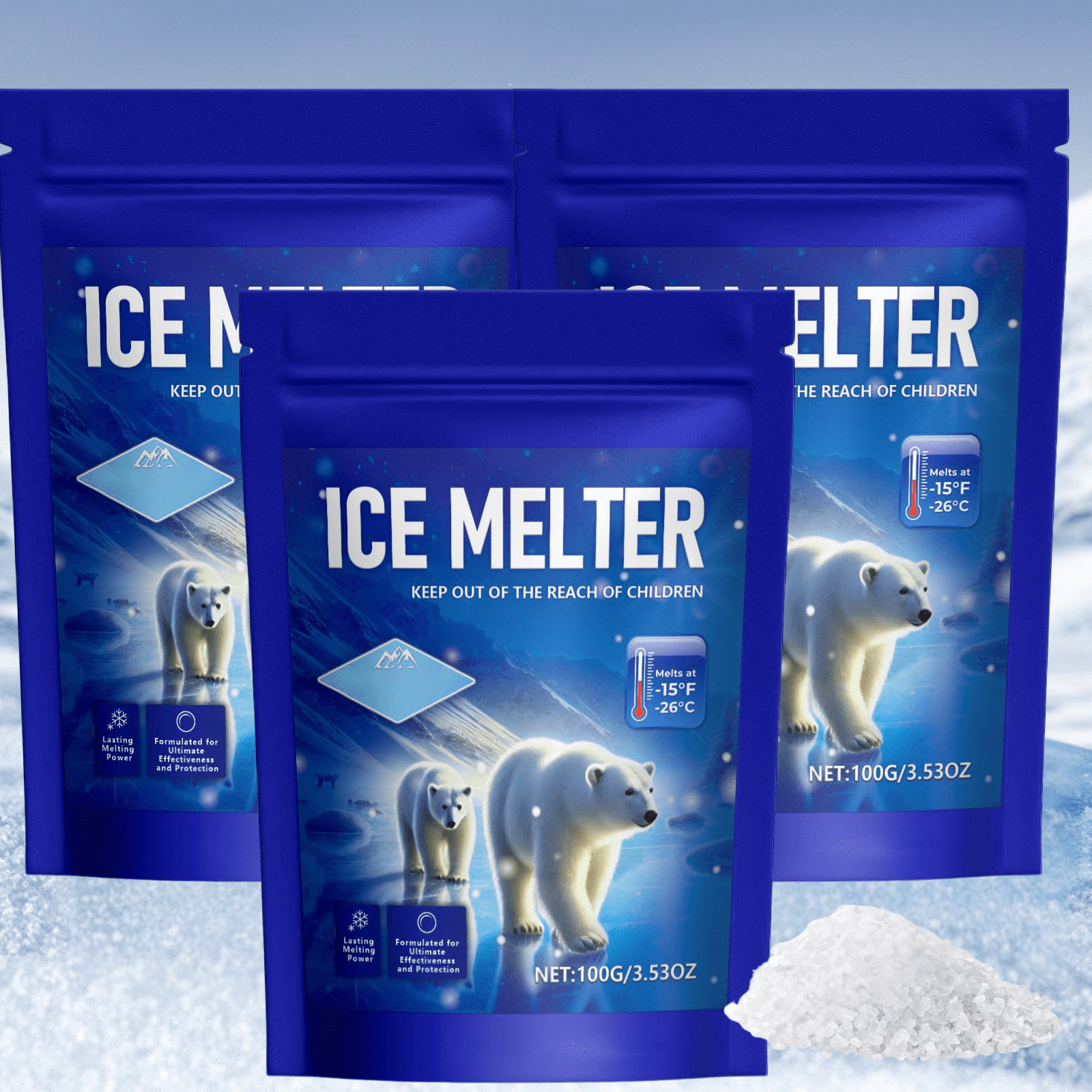 Ice Tea Pelets 3 Pack Ice Melt Pellets, Calcium Blend Deicer Snow Melter for Driveway ...