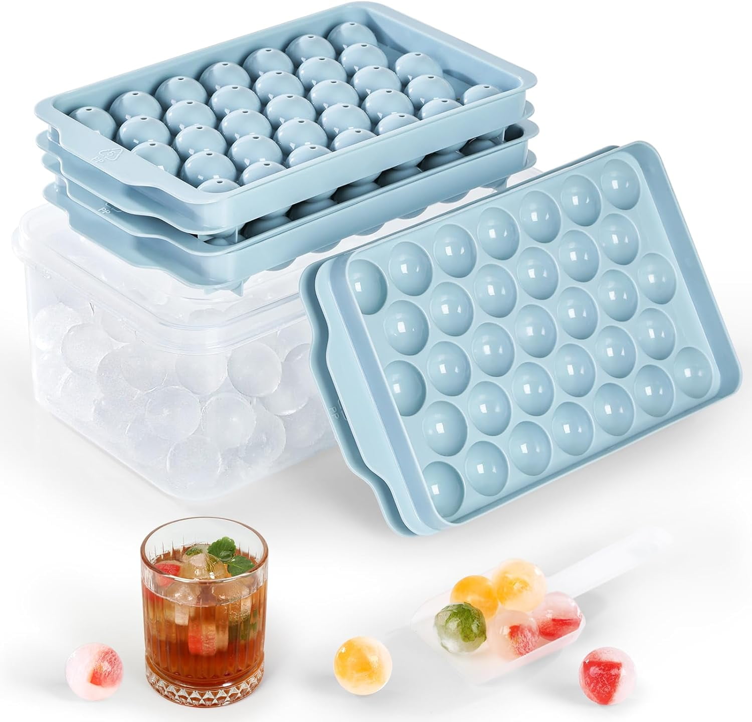 Ice cube tray with lid and bin 2 pack for freezer 64 pcs ice cube mold green