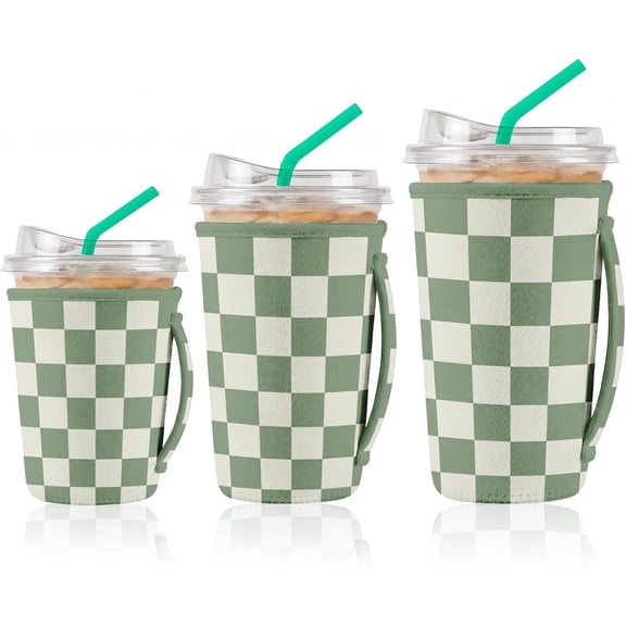3 Pack Iced Coffee Sleeve with Handle, Neoprene Cup Insulator For Cold Drinks, Cup Holder Cover Fits 16oz - 32oz Samll Medium & Large Cups (Checkered Sage Retro)
