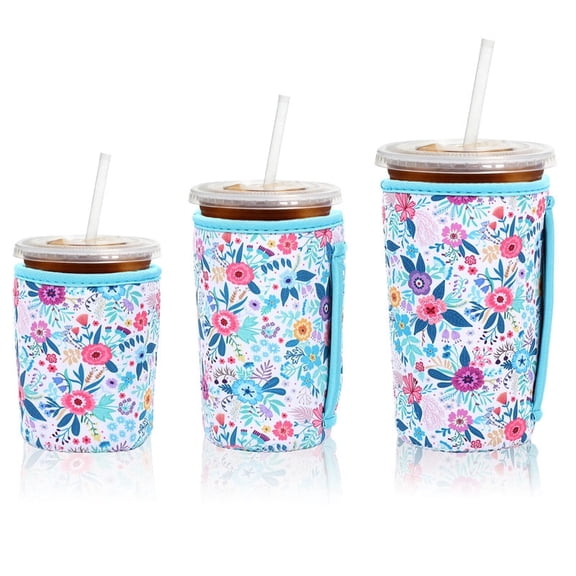 3 Pack Iced Coffee Sleeve Insulated Neoprene Cup Sleeve Neoprene Cup Sleeve with Handle for Cold Beverage Reusable Holder for 16oz-32oz Coffee Cup (Flower Pattern)