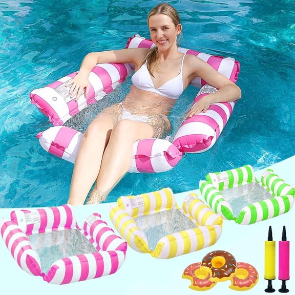 3 Pack Inflatable Pool Float Hammock Chairs, 4-in-1 Multi-Purpose Water Lounge Floats, 48 x 48 Inch PVC Floating Raft with Mesh Seat for Pool Lake Beach Summer Party