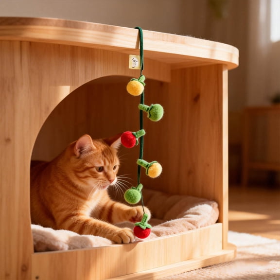 3-Pack Interactive Fruit-Shaped Cat Teaser String Toy, Squeaky Hanging Catnip Chew Toy For Indoor Cats, 19" Long With Cherry/Persimmon Balls