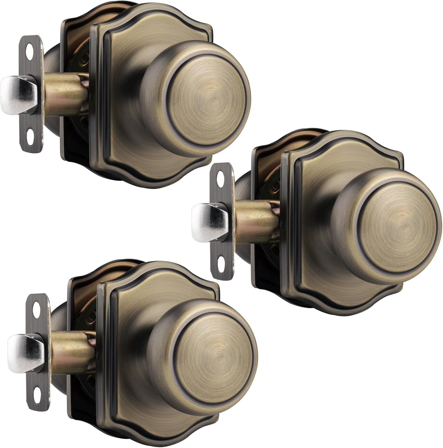 3 Pack Interior Dooor Knobs with Camelot Trim,Coastal Door knob for Hall & Closet,Antique Brass Doorknobs