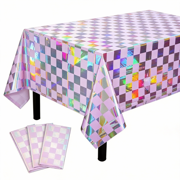 3 Pack Iridescent Checkered and Purple Plastic Tablecloths Shiny Disposable Laser Rectangle Table Covers Foil Tablecloth Iridescent Party Decorations Birthday Bridal Baby Shower, 54x108Inch