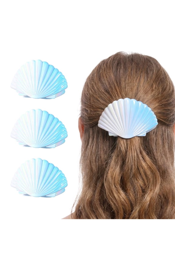 3 Pack Iridescent Mermaid Seashell Hair Claw Clips, Pastel Gradient Flat Duckbill Jaw Clips, Large Shell Shark Hair Barrettes(Blue)