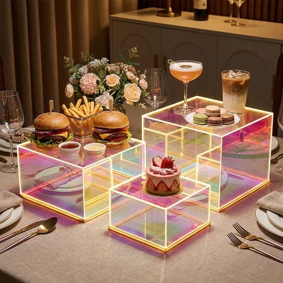 3 Pack Iridescent Rainbow Acrylic Display Risers with LED Light Up Rainbow Cube Stand for Figures Dessert Jewelry Perfume Christmas Holiday Decor