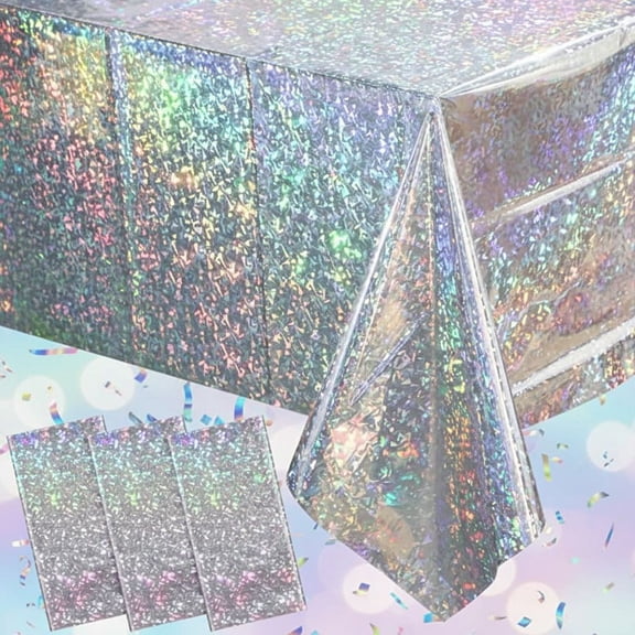 3 Pack Iridescent Silver Tablecloth Party Decorations, Holographic Silver Glitter Plastic Tablecloth, Disposable Laser Rectangle Table Cover for Disco Birthday 70s Theme Party Decorations, 54x108"