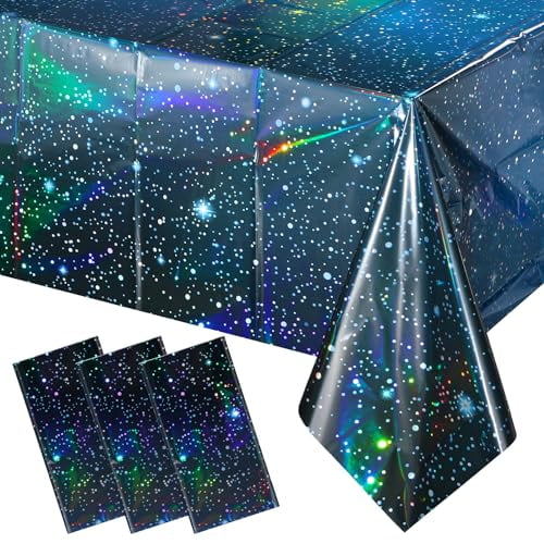 3-Pack Iridescent Space Theme Disposable Plastic Tablecloths, Blue Galaxy Rectangle Table Cover for Starry Night Birthday Party Decorations, 54x108 Inch