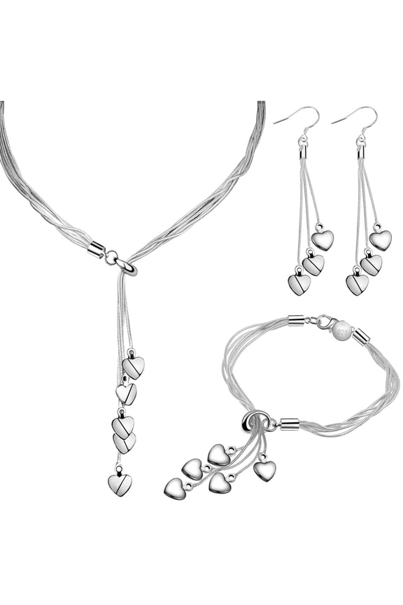 3 Pack Italian Silver Five-line Chain Five-Heart Love Necklace Link Bracelet Lov