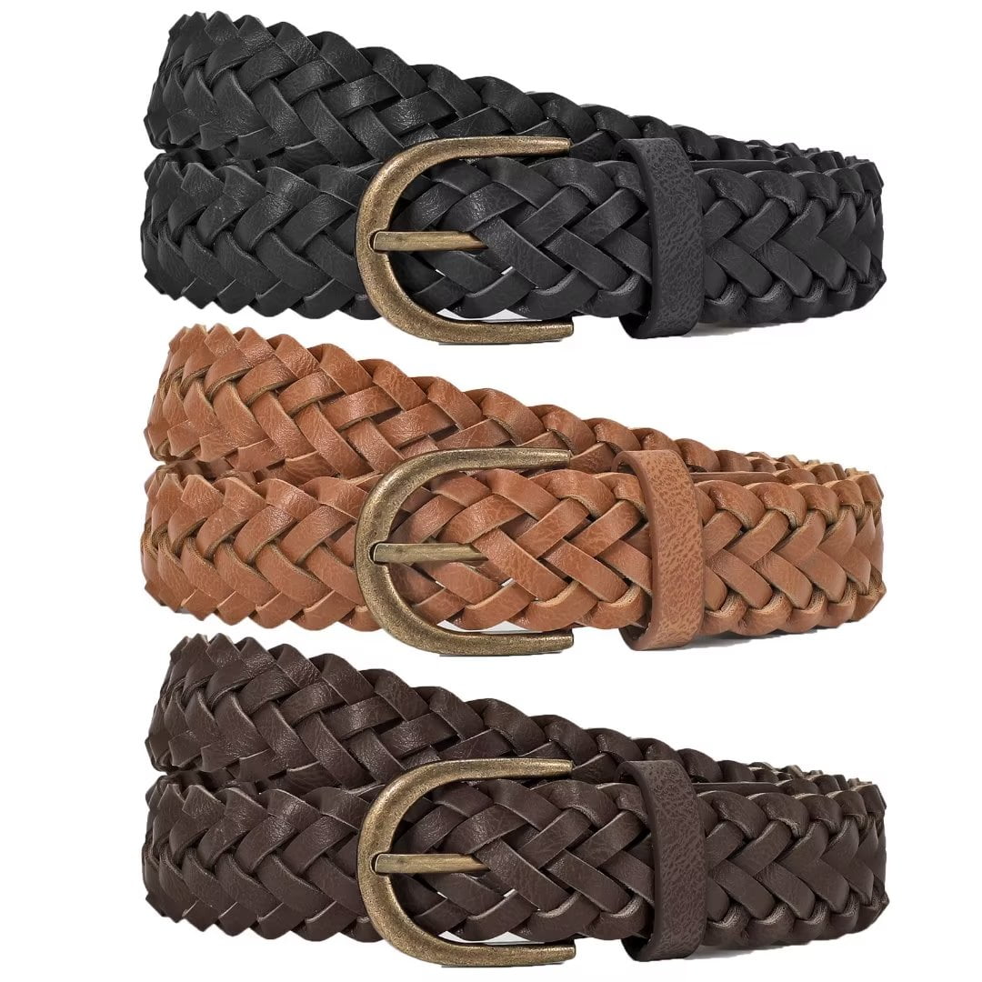 3 Pack JASGOOD Women Braided Leather Belts Thin Woven Belt for Jean