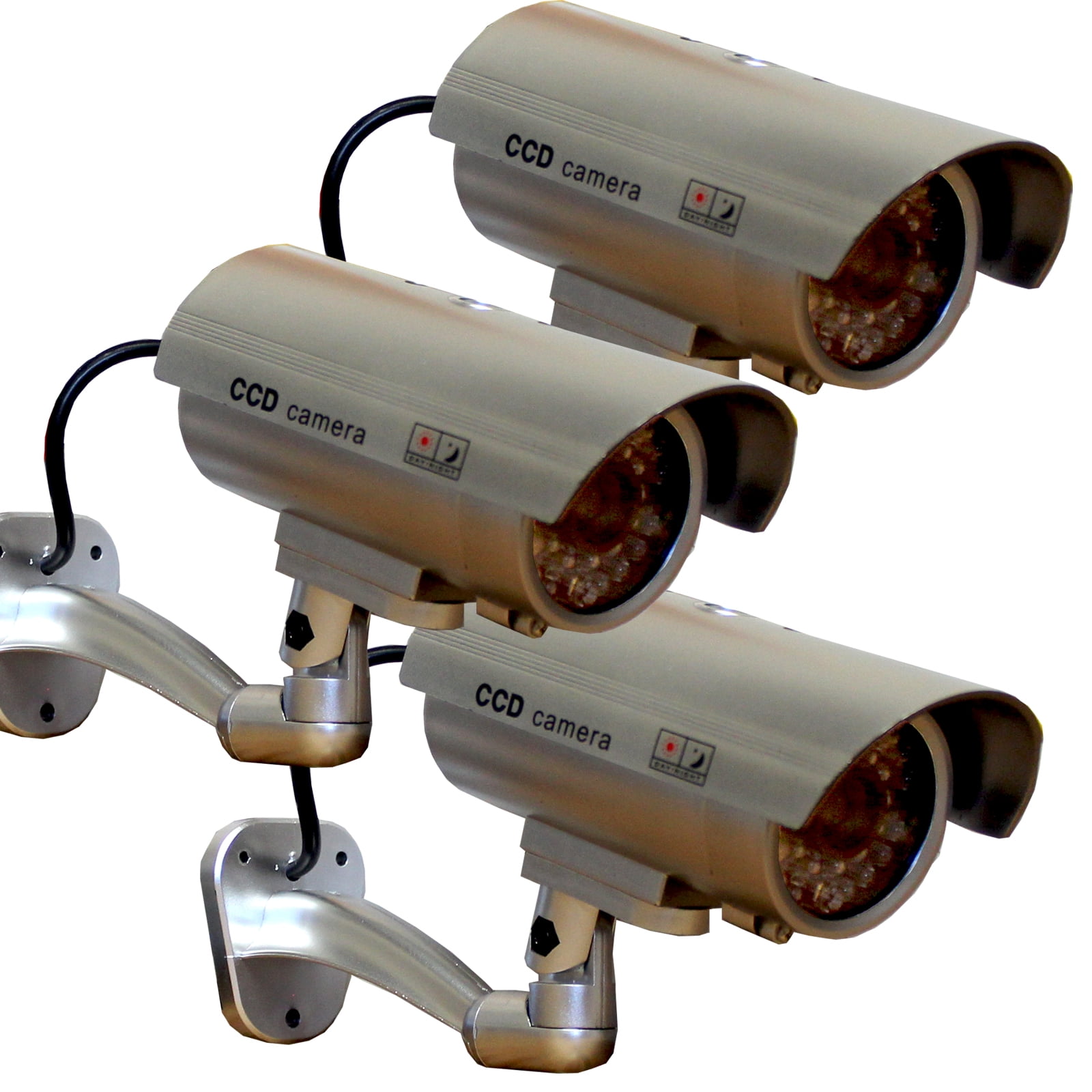 3 Pack - JYtrend Outdoor Dummy Fake Security Camera with Inflared LEDs Blinking Light, Silver