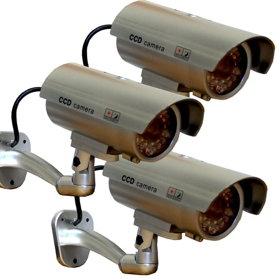 3 Pack - JYtrend Outdoor Dummy Fake Security Camera with Inflared LEDs Blinking Light, Silver