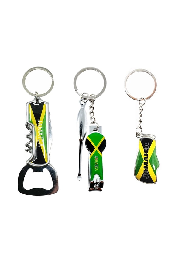 3 Pack Jamaica Keychains Country Metal Keychain, Corkscrew & Blade, Boxing Glove, Nail Clipper, Patriotic Souvenir Keychains, Car Keys, Gift, Bulk