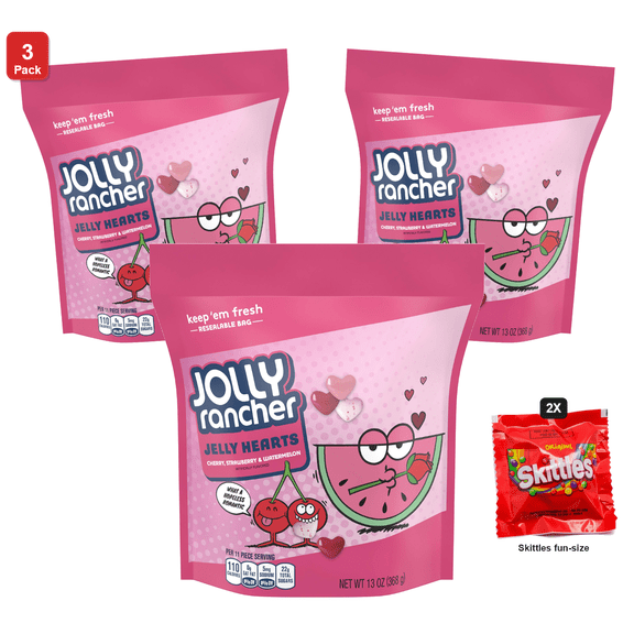 3 Pack | Jolly Rancher 1 Bag Jelly Hearts Candy, Cherry, Strawberry and Watermelon Flavored, 13 oz Bag, with 2 Skittles Fun Size
