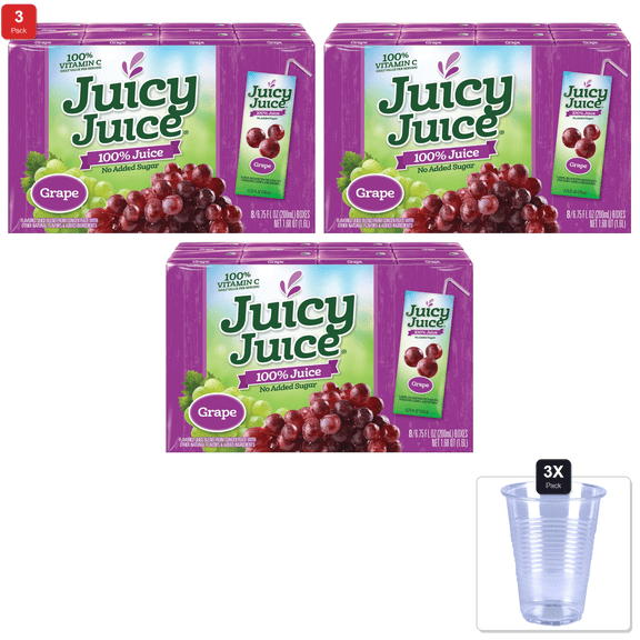 3 Pack | Juicy Juice Slim 8 Pack, Grape, 6.75 Ounce Boxes (Pack Of 4) & 3x Disposable Cup