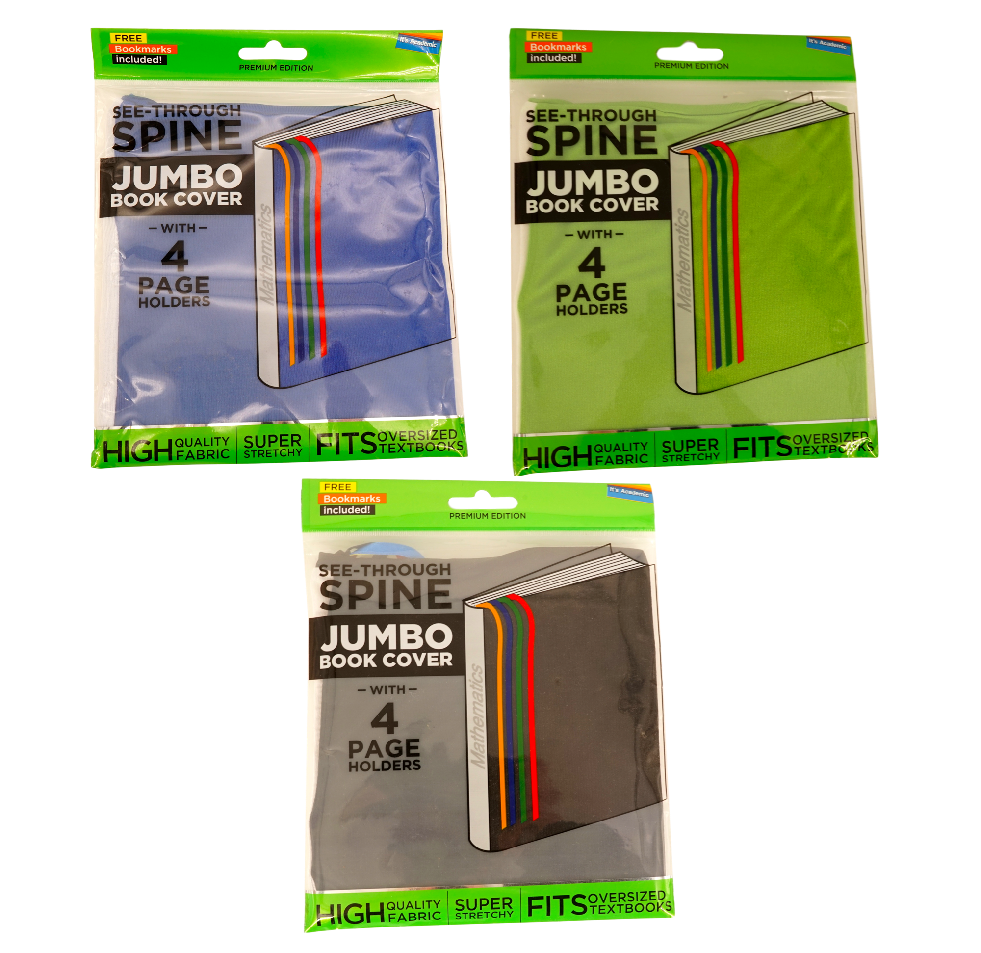 3 Pack Jumbo Fabric Book Covers, Colors Vary, Page Holder Bookmarks