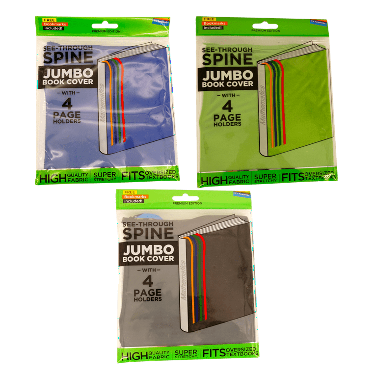3 Pack Jumbo Fabric Book Covers Colors Vary Page Holder Bookmarks Clear Spine Fits Oversized Textbooks