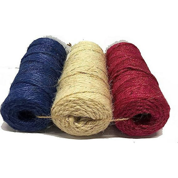 3 Pack - Jute Twine Rolls, Total 600 Ft 3- Ply 200 ft Each, Red Ivory and Blue Jute-Burlap Garden Strings, Crafts or Decoration Strings (Patriotic)