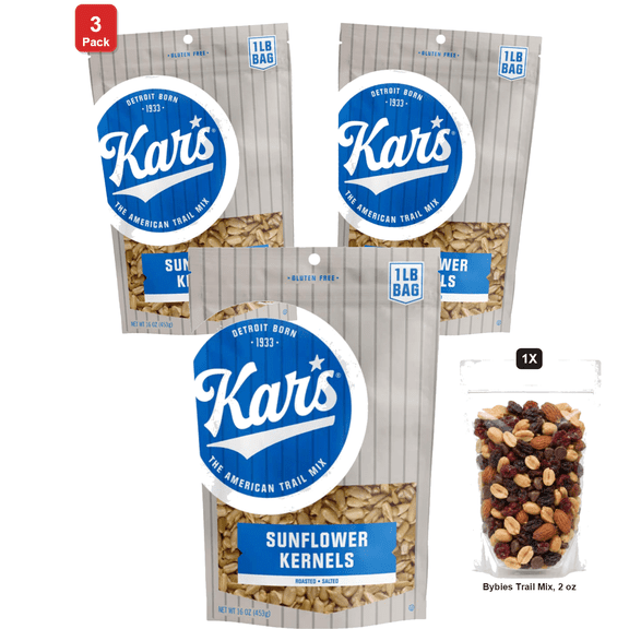 3 Pack | Kar's Nuts Sunflower Kernels, Roasted and Lightly Salted, 6 Bags x 16 oz Each, with Bybies Trail Mix, 2 oz